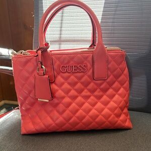 GUESS Quilted Coral-Red Satchel with Gold Hardware
